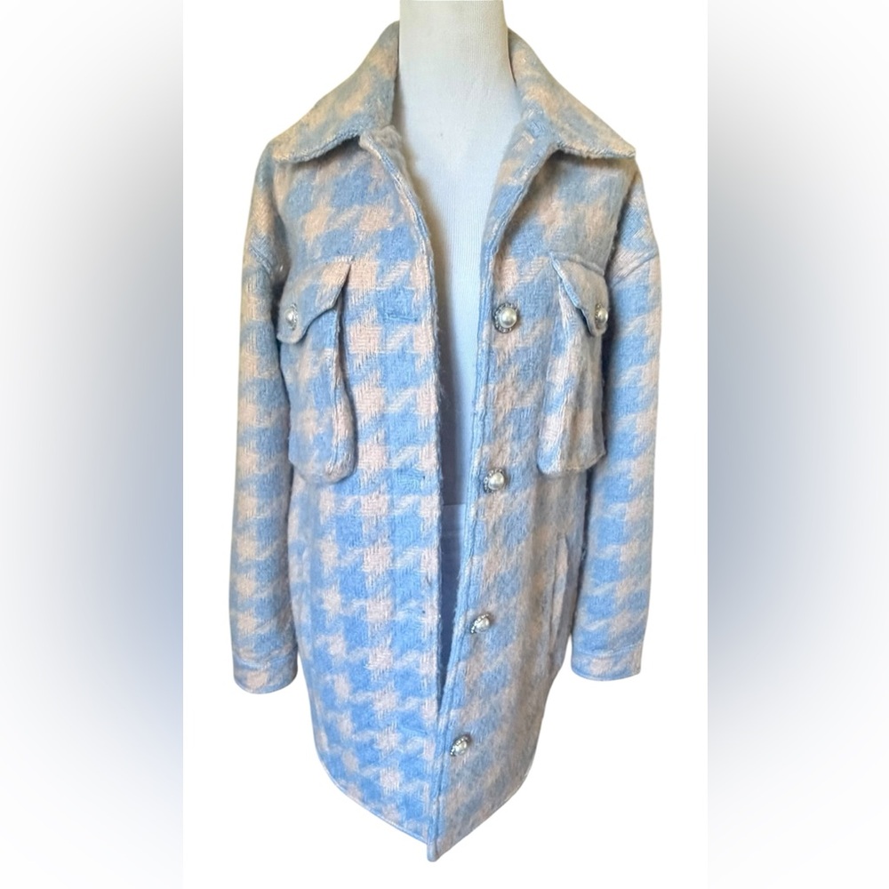 Missguided Blue Pink Houndstooth Shacket Pearl Button Oversized Coat Small View 2